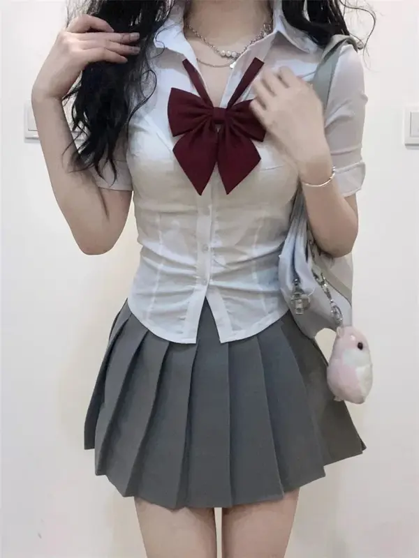 Korean Japan Fashion Short Sleeve Girl Shirt Women New Spring/Summer College Slim Bowtie Bandage Blouse JK Top School Uniform