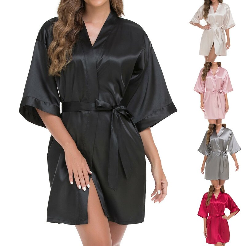 Women's Short Kimono Robe Silky Satin Bathrobe Fashion Sexy Solid Lace Casual Sleepwear V Neck Nightdress Hot Sale Quarter