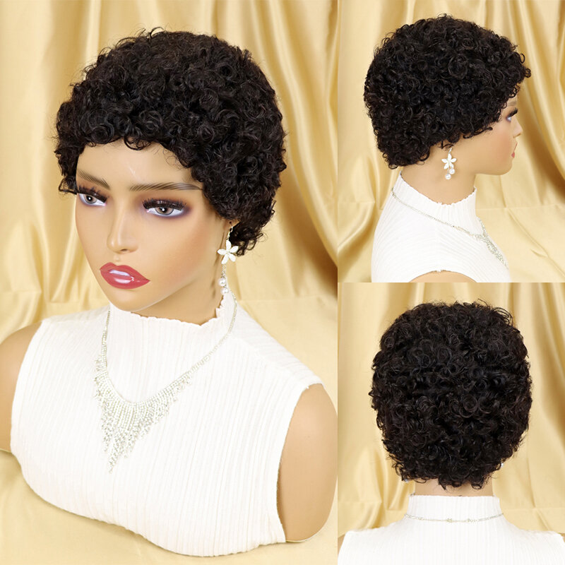 Peluca de cabello humano Afro rizado para mujeres negras, pelo corto Afro 100% con flequillo, brasileño
