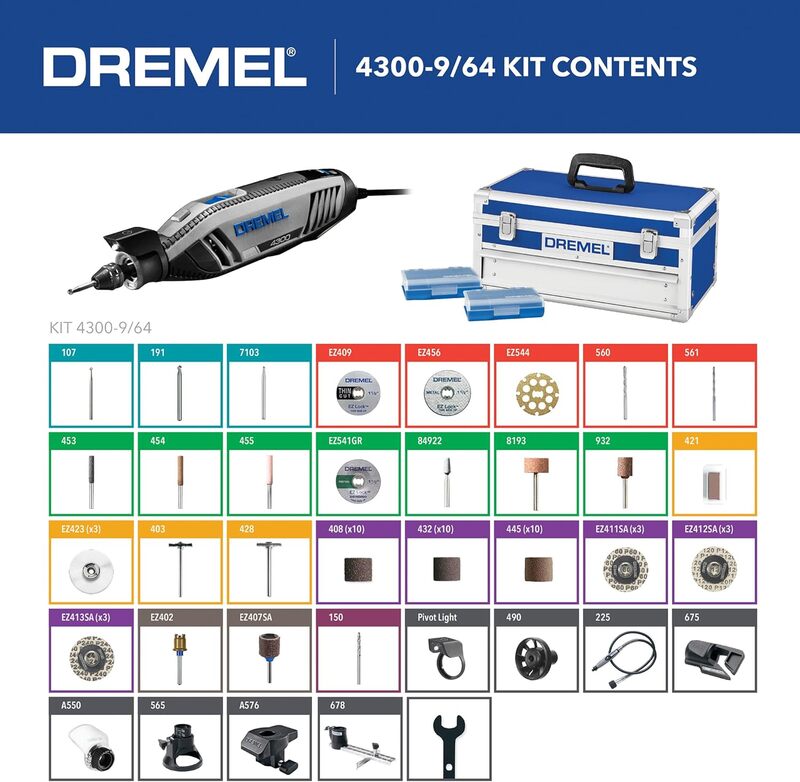 Dremel ชุดกล่องเครื่องมือโรตารี่แบบมีสายอเนกประสงค์4300-9/64พร้อมด้ามโค้งและกล่องเก็บของแข็งแรงและประสิทธิภาพสูง