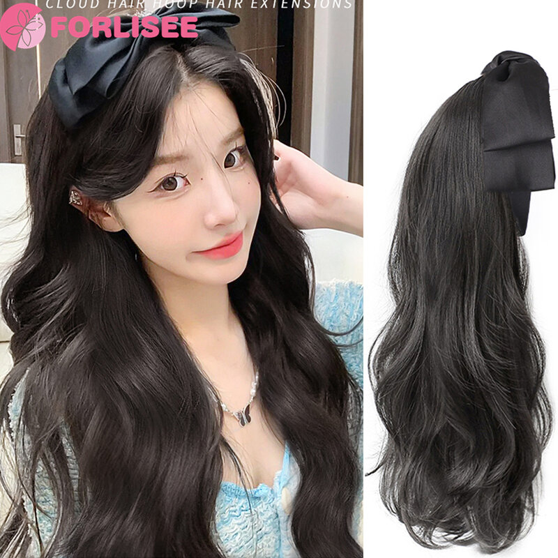 23 Inch Long Curly Hair With Bow And Synthetic Headband Wig Fashion Half Head Cover Detachable Wig Piece Curly Wig