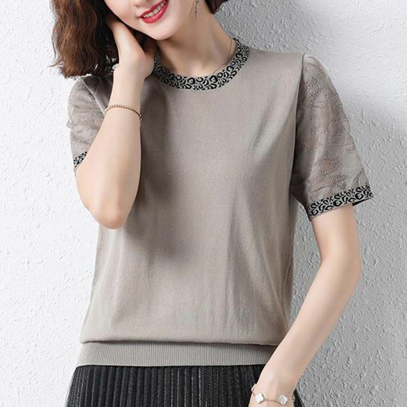Simplicity Casual Summer Women's Round Neck Jacquard Weave Lace Hollow Out Fashion Office Lady Loose Short Sleeve Knitting Top