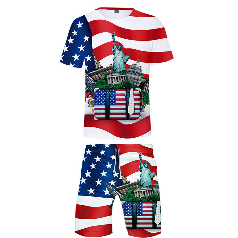 Traje de 3 a 14 años para niños, camiseta y pantalones cortos con estampado 3D de la bandera de EE. UU., Camiseta de rayas de estrellas americanas, conjunto de disfraces de calle