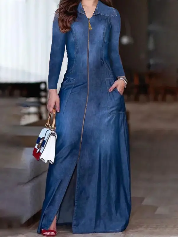 Dress for Women Spring Autumn Korean Fashion Vintage Denim Dress A-line Long Sleeve Button Zipper Pocket Maxi Dress 2024