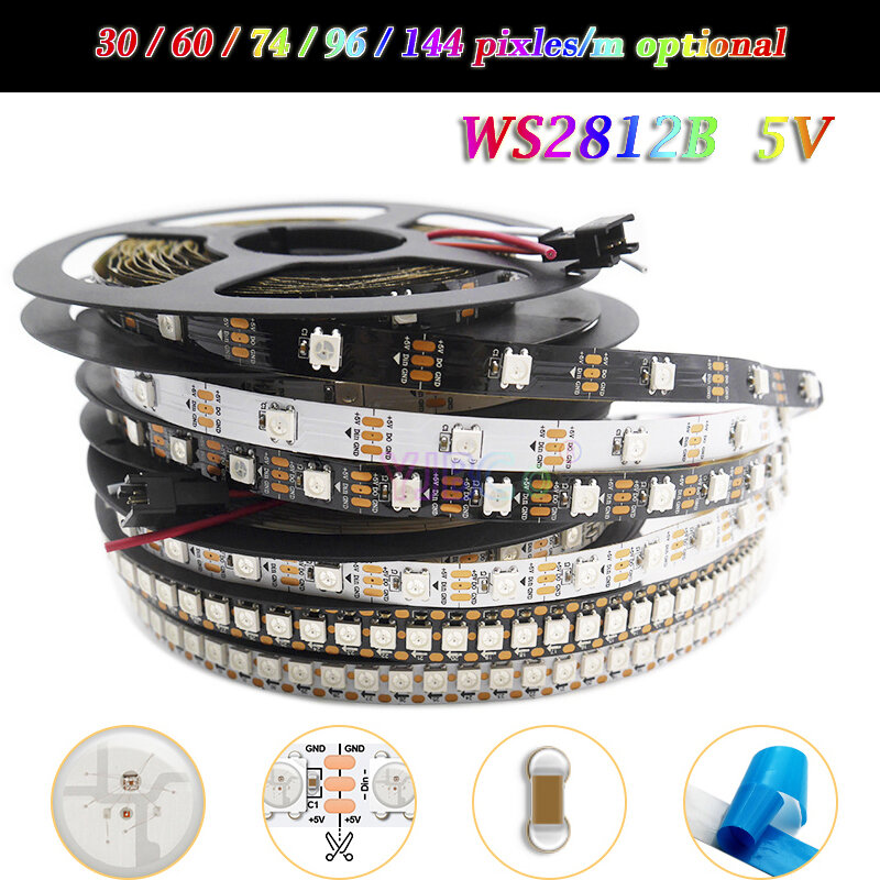 Setrip LED cerdas DC WS2812B, setrip lampu cerdas LED 30/60/74/96/144 LED/m WS2812 IC RGB piksel dapat disesuaikan WS2812B/M pita lampu IP30/65/67