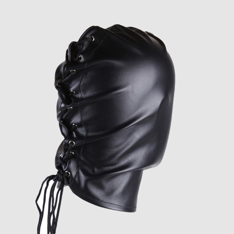 Cubierta cabeza PU negra con corbata ajustable, pasamontañas, máscara juego pareja, envoltura cabeza negra,