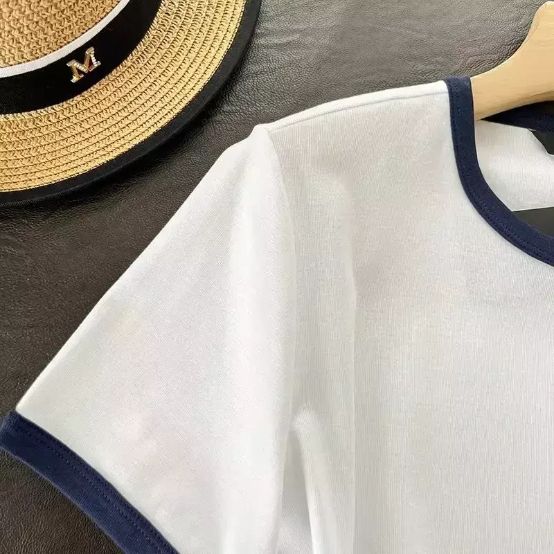 Damska 2023 nowa modna dwukolorowa, klasyczna, kontrastowa koszulka z krótkim rękawem ubrania w stylu streetwear damskich Top w jednolitym kolorze