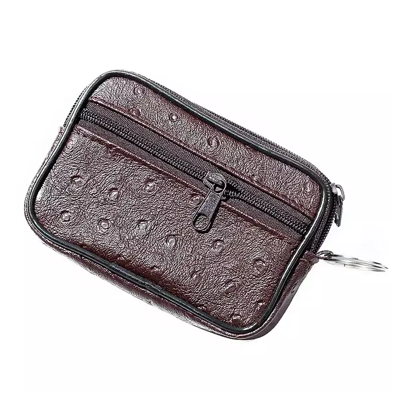 Portefeuille unisexe en cuir PU à motif d'autruche avec fermeture éclair pour homme, mini sac carré, porte-monnaie, clé de voiture, mode décontractée, petit
