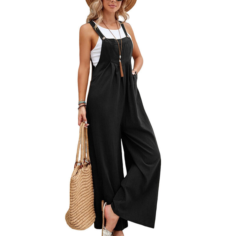 European Women's Clothing Jumpsuit Ins Solid Color Casual Suspenders Matching Color Suspension Pocket Overalls 2024 New Pants