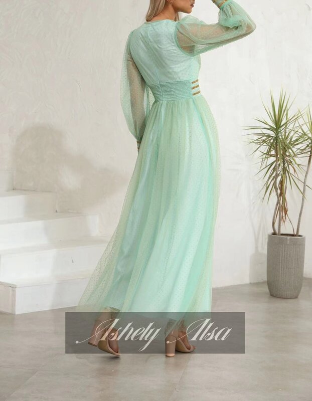 Ashely Alsa 두바이 여성 드레스, 긴 소매 라임 그린, 여성 의상, A 라인 숙녀 무슬림 아랍 이브닝 정장 가운 AA-21