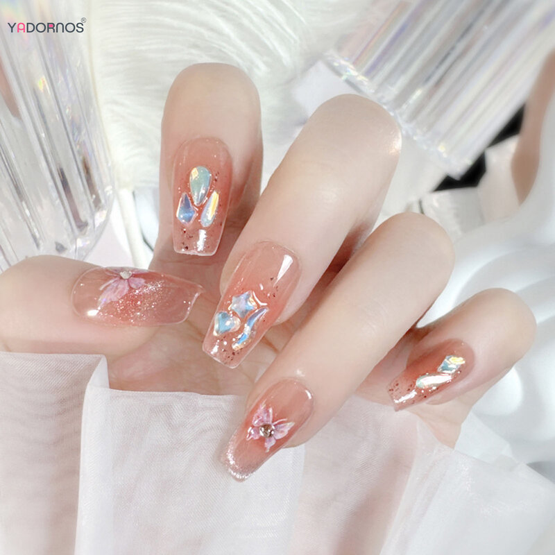 Blush Pink Handmade Fake Nails Cat's Eyes Gliiter Sequins Design Press on Nails Butterfly Printed Wearable False Nails Tips