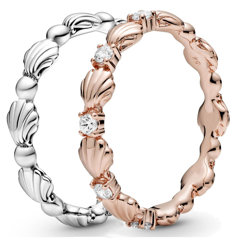 Autêntico anel de prata esterlina 925 para mulheres, concha frisada espumante com cristal, jóias da moda, presente