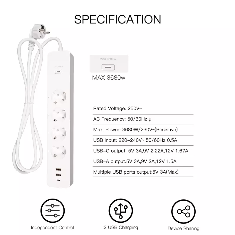 MOES WiFi EU Tuya Smart Power Strip Surge Protector presa per Monitor di alimentazione a 4 spine con 2 USB 1 tipo C APP controllo vocale