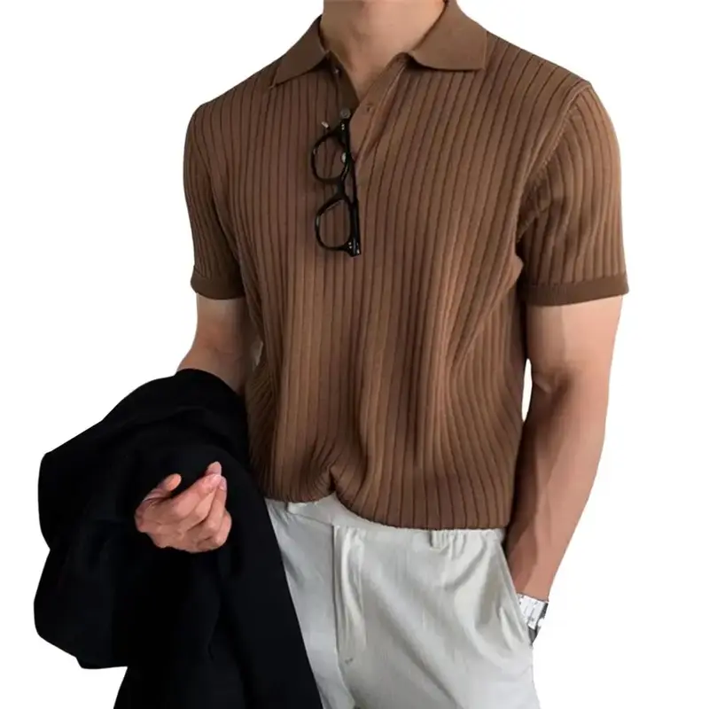 Lapel Short Sleeve Buttons Half Placket Loose Men Summer T-shirt Knitting Ribbed Shirt Top Streetwear Dropshipping