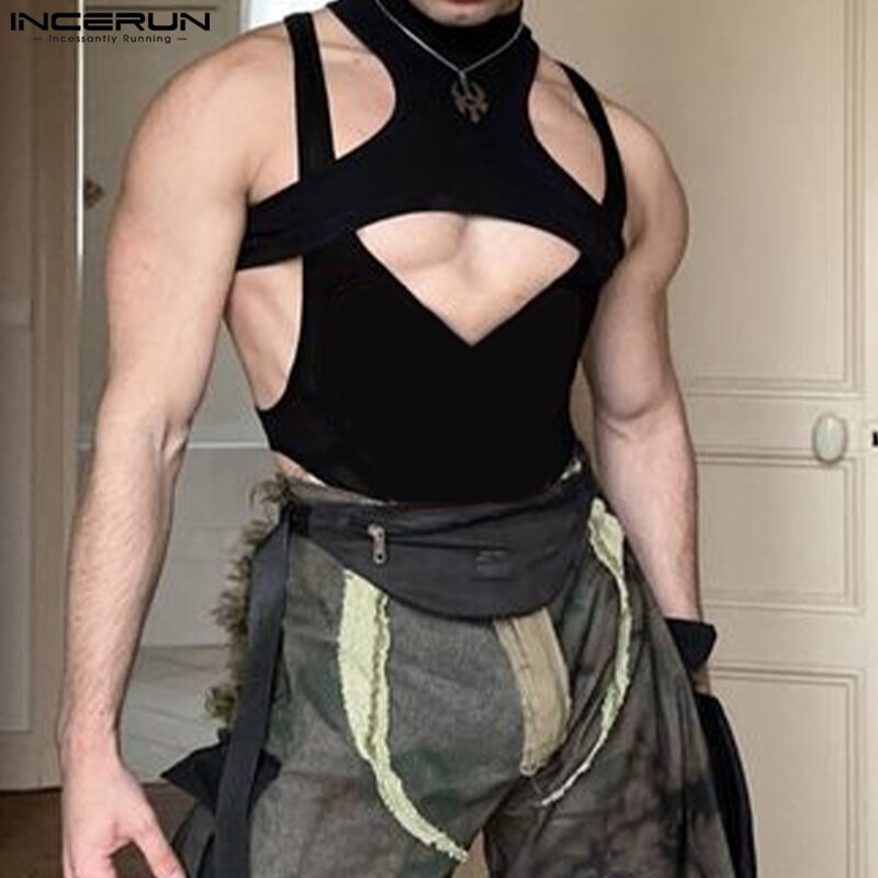 2024 Männer unregelmäßige Bodys solide aushöhlen Roll kragen pullover ärmellose Stram pler Männer Streetwear sexy Mode Bodysuit S-3XL Incerun
