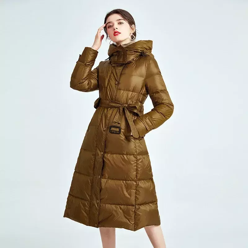 Down Parka for Women, Midi Length Jacket, Waterproof, Warm, 90% Duck Down, Slim Waist, Lace-up, Hooded Puffer Coat, Female