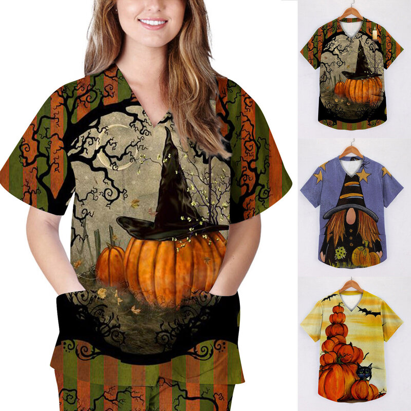 Pumpkin Print Nurse Uniform Women Pet Groom Short Sleeve Work Scrub Tops Healthcare Tunic Halloween uniformes quirúrgicos mujer