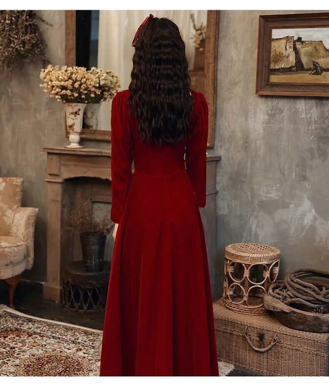 Женское офисное платье с длинным рукавом, винно-красное платье трапециевидной формы с квадратным вырезом, длинная юбка для торжественных случаев, платье для подружки невесты, весна-осень 2024