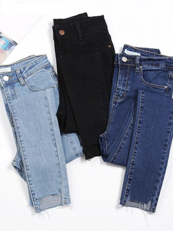 Женские джинсы до щиколотки, повседневные облегающие джинсовые брюки с высокой талией, джинсовые брюки-стрейч в уличном стиле