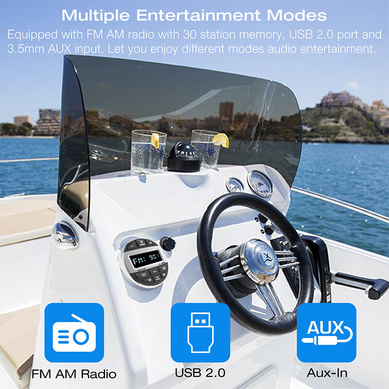 غراندنافي بلوتوث البحرية ستيريو قارب راديو مقاوم للماء FM AM الوسائط الرقمية مشغل الصوت ل يخت مقياس ATV UTV عربة دراجة نارية