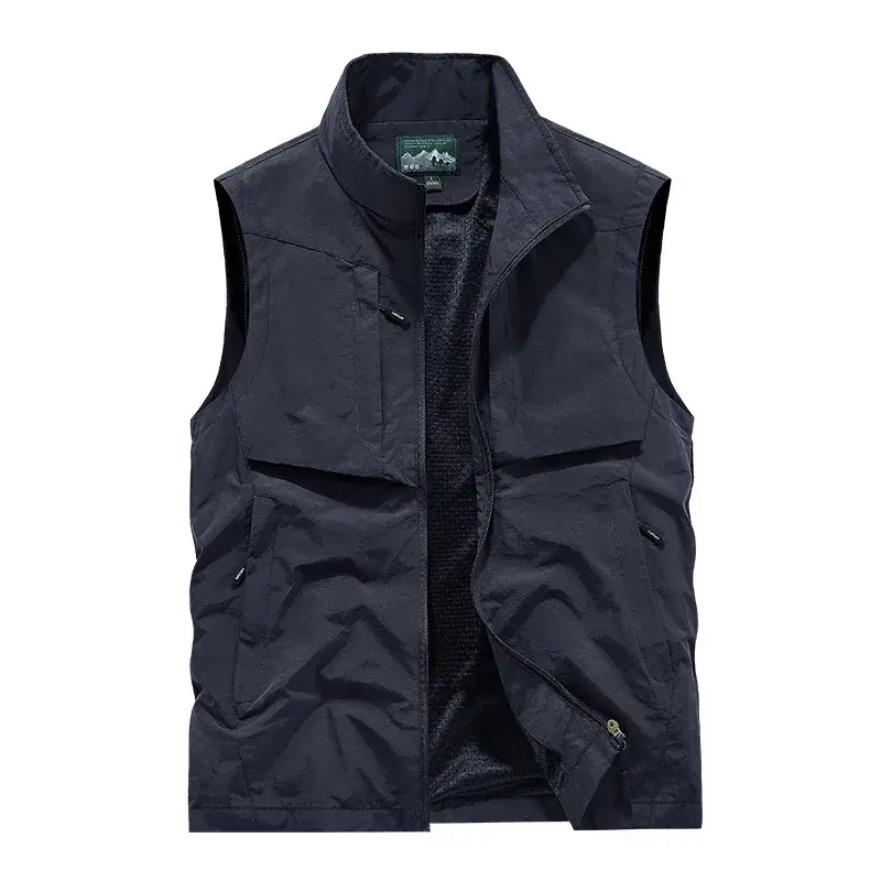 MaiDangDi Sleeveless High Collar Men's Vest Fashionable Multi Pocket Lined Mesh Mens Clothing Outdoor Casual Walking Male Jacket