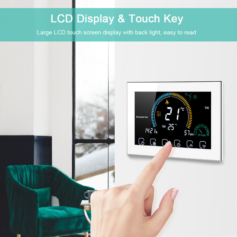 WiFi inteligente programável quarto termostato, retroiluminado LCD, aquecimento elétrico controlador, prata
