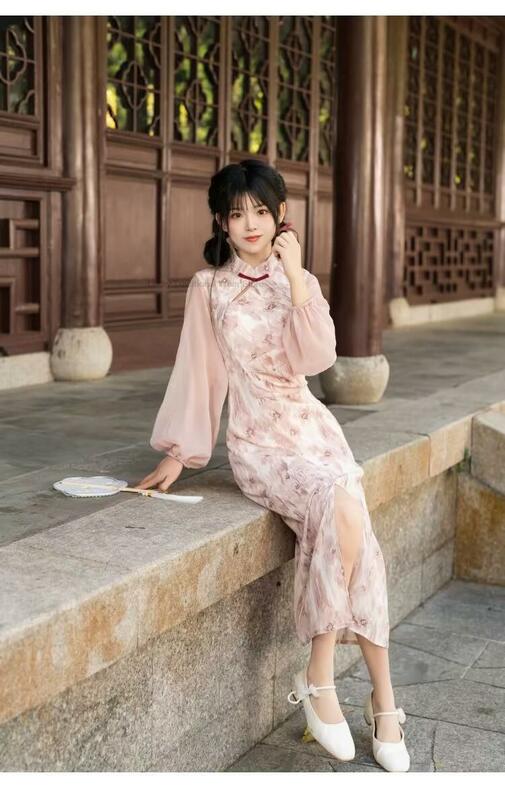 Gaun Cheongsam Hanfu gaya Tiongkok wanita, gaun sifon Cheongsam A Line Qipao anak perempuan sehari-hari gaya anggun kasual