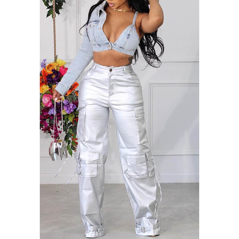 Plus Size Daily Pant Silver Metallic Straight Leg Cargo Pant With Pocket