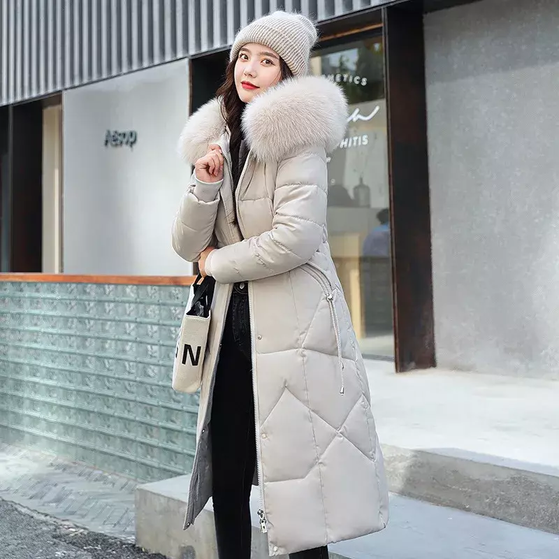 Nuova giacca invernale da donna 2023 moda di media lunghezza Slim sopra il collo di pelliccia al ginocchio cappotto di cotone spesso elegante Parka grigio abbigliamento donna