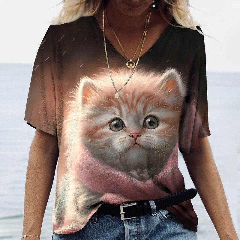 Модные женские футболки с милым котенком и 3D принтом для девочек, летняя свободная повседневная одежда в стиле Харадзюку, милые футболки с коротким рукавом и V-образным вырезом