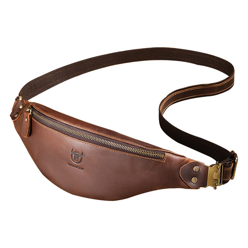 BULLCAPTAIN Men's Crazy Horse Leather Belt Bag Classic Retro Crossbody Bag Outdoor Storage Mountaineering Mobile Phone Bag