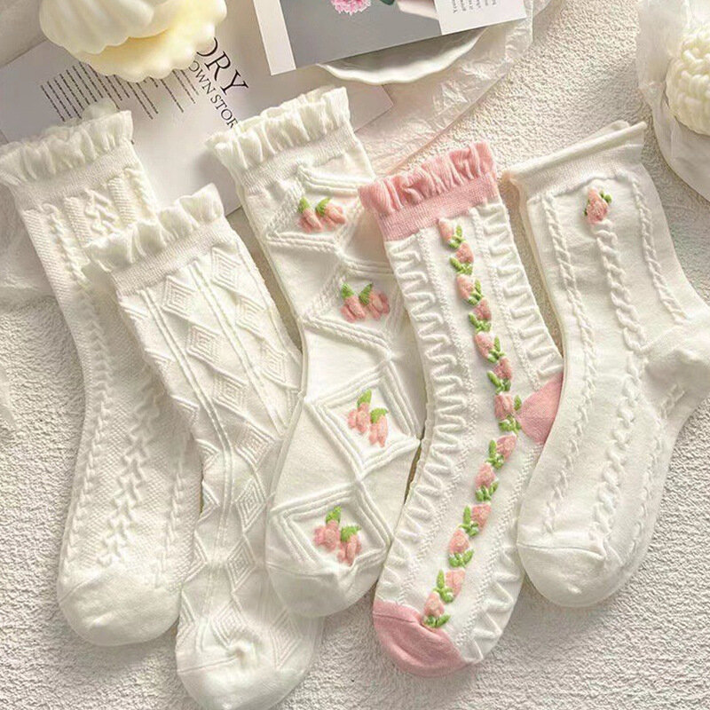 Милые японские носки в стиле Харадзюку, Лолита, с белой пудрой, носки-трубы с цветочным узором JK для девочек, кружевные носки для студентов колледжа