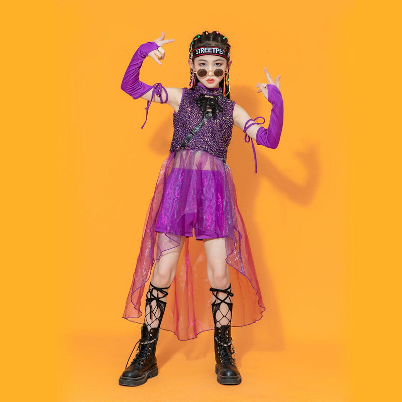Catwalk Dancer modis Jazz setelan Hip Hop jalanan ungu pakaian dansa kostum penampilan panggung setelan untuk anak perempuan