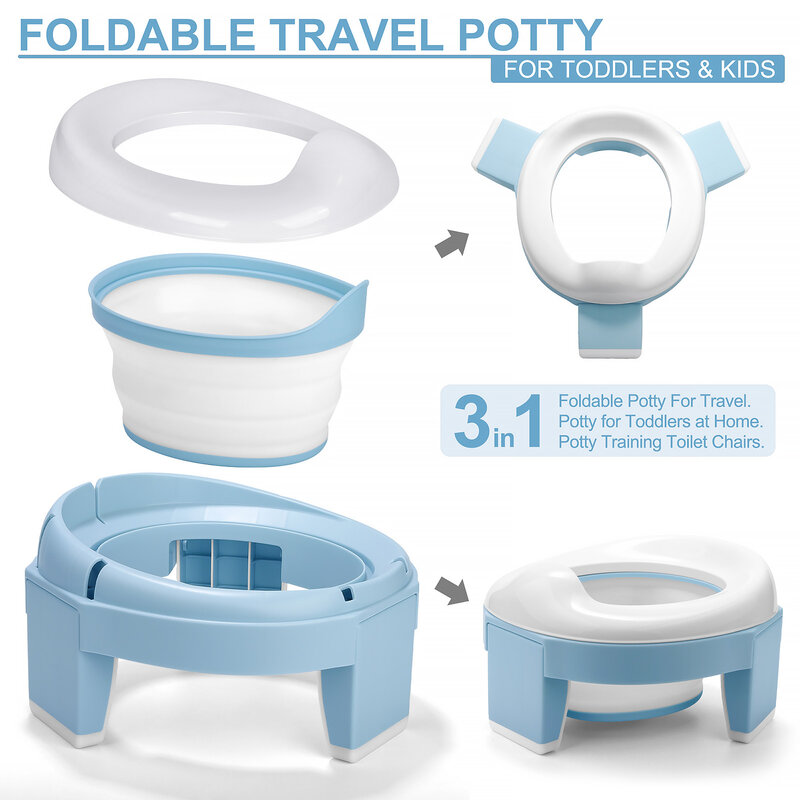 TYRY.HU Pot bayi silikon portabel, kursi latihan Toilet perjalanan 3 dalam 1 dapat dilipat tempat duduk anak-anak warna biru dengan tas