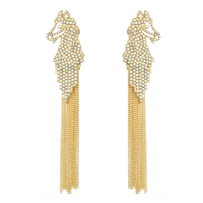 Ouro metal cadeias borla cheia strass hippocampus longo parafuso prisioneiro brincos para as mulheres nova moda exagerada rua popular jóias