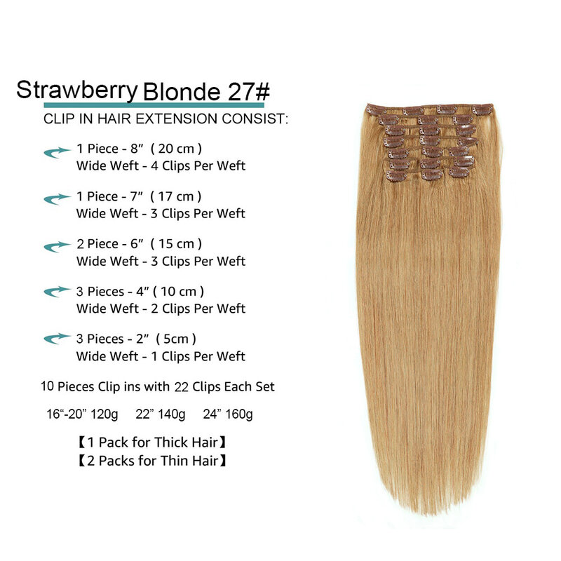 Extensions de Cheveux Naturels Remy Lisses à réinitialisation, Sans Couture, Invisible, Blond Miel #27, 10 Pièces/Paquet, 160 g/Lot