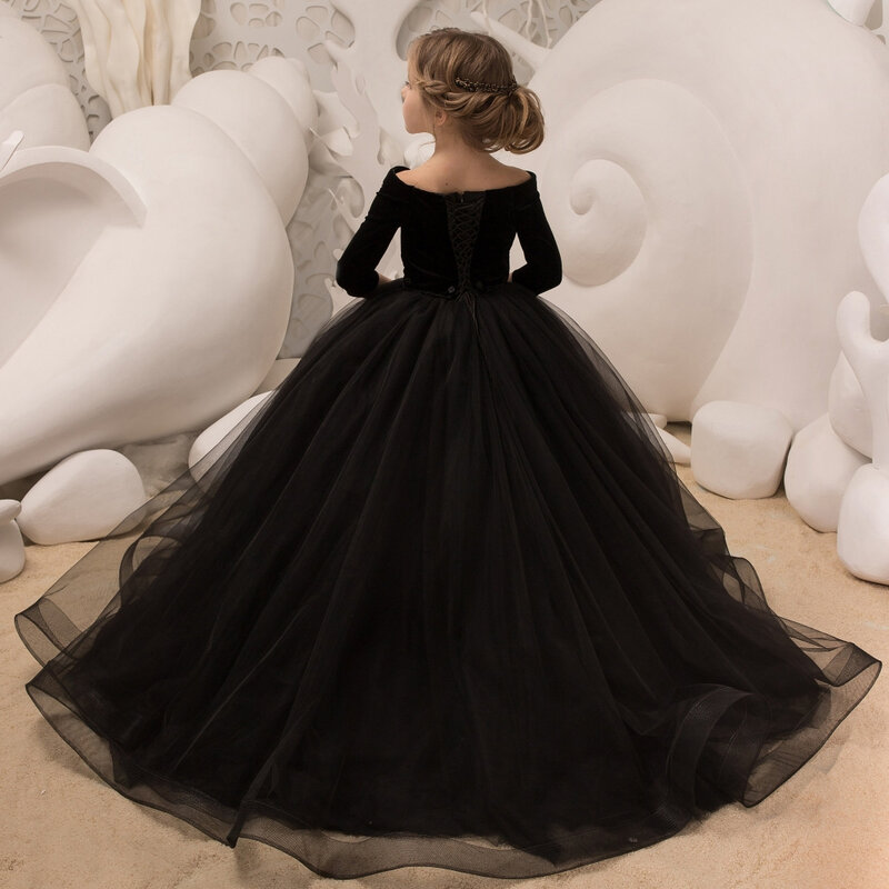 Lorencia Sparkly Black Long Sleeve Flower Girl Dress For Wedding 2023 Ball Gown Kids Pageant Gowns First Communion Dress YFD029