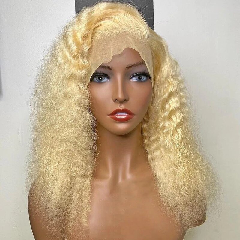 Koronkowa peruka damska z przodu koronka krótkie kręcone jasny blond włosy afrykańskie małe peruka z lokami zestaw z koronką na głowę syntetyczne ludzkie włosy