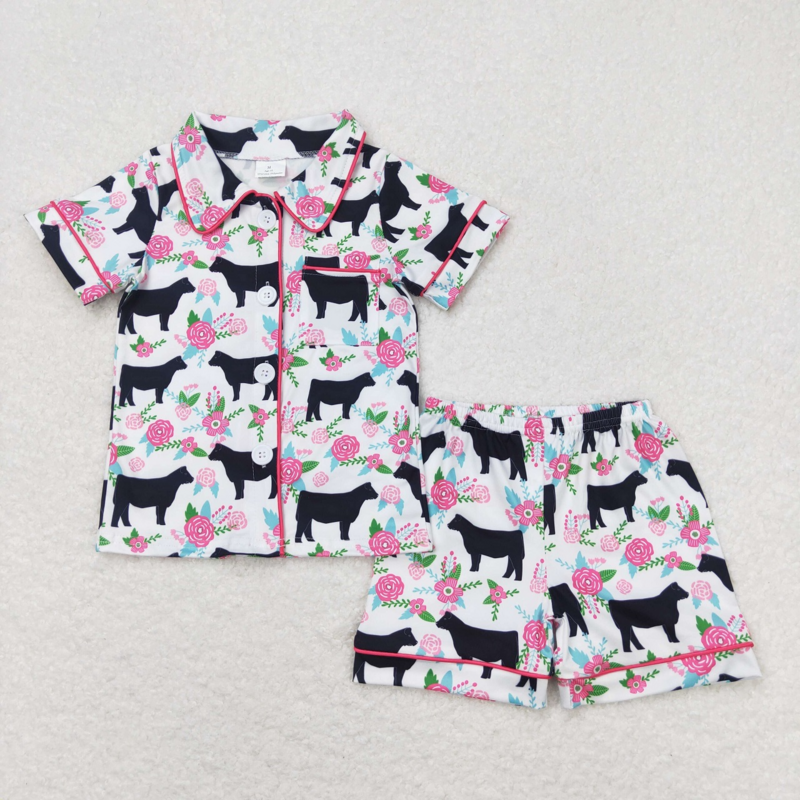 Baby Girls' mangas curtas flor vaca camisa pijamas conjunto, roupa infantil, pijama ocidental infantil, shorts infantil, atacado, verão
