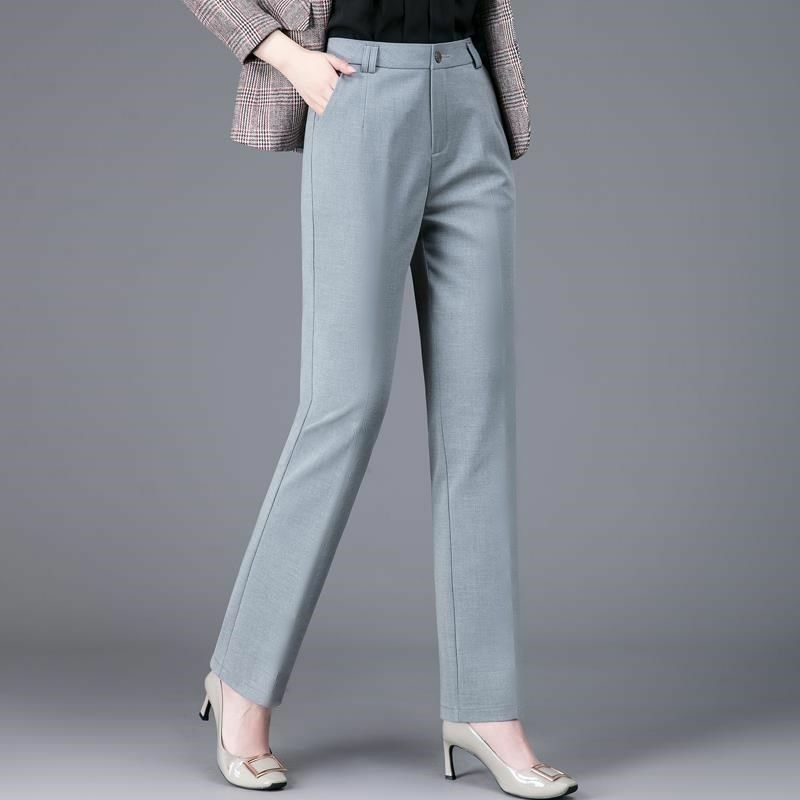 Escritório senhora coreana moda reta calças primavera outono casual cintura alta botão bolsos sólidos elegantes mulheres roupas calças