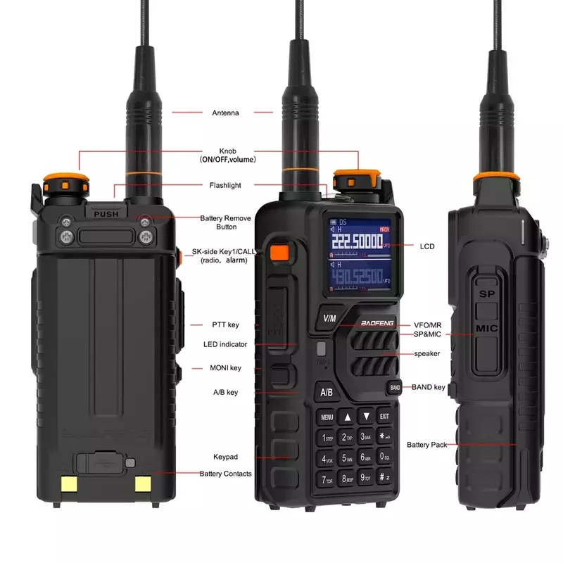 Baofeng Professional Walkie Talkie Transmitter K5Plus FM One-touch Frequency Conversion, Type-C 10W Full Band with Flashlight