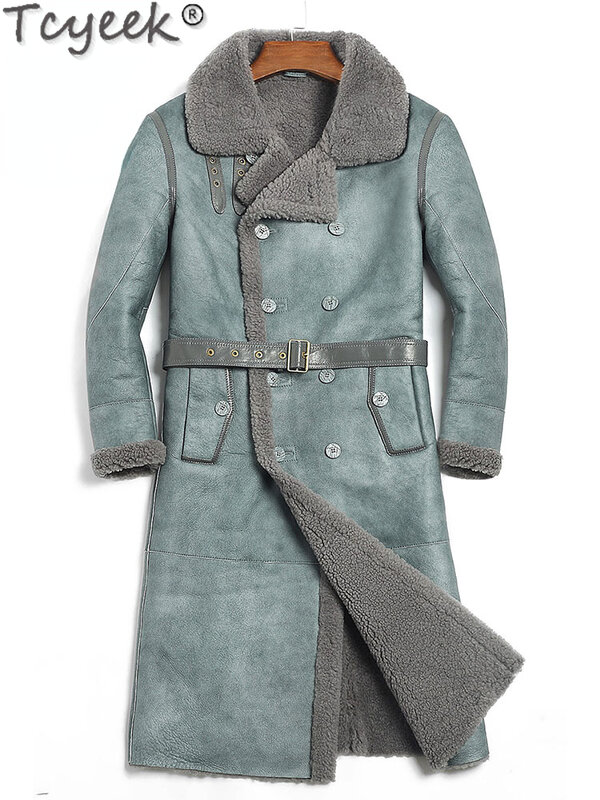 Tcyeek-男性用ナチュラルシープスキンジャケット、厚手の本物の毛皮のコート、長い冬のジャケット、暖かい毛皮のコート、ベルト付きの薄い服、ファッション