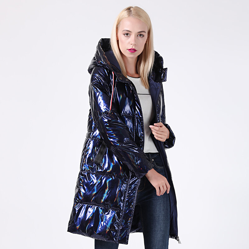 Jaqueta feminina acolchoada longa com capuz, parka glitter holográfica prateada, jaquetas grossas, casaco de inverno, 2022