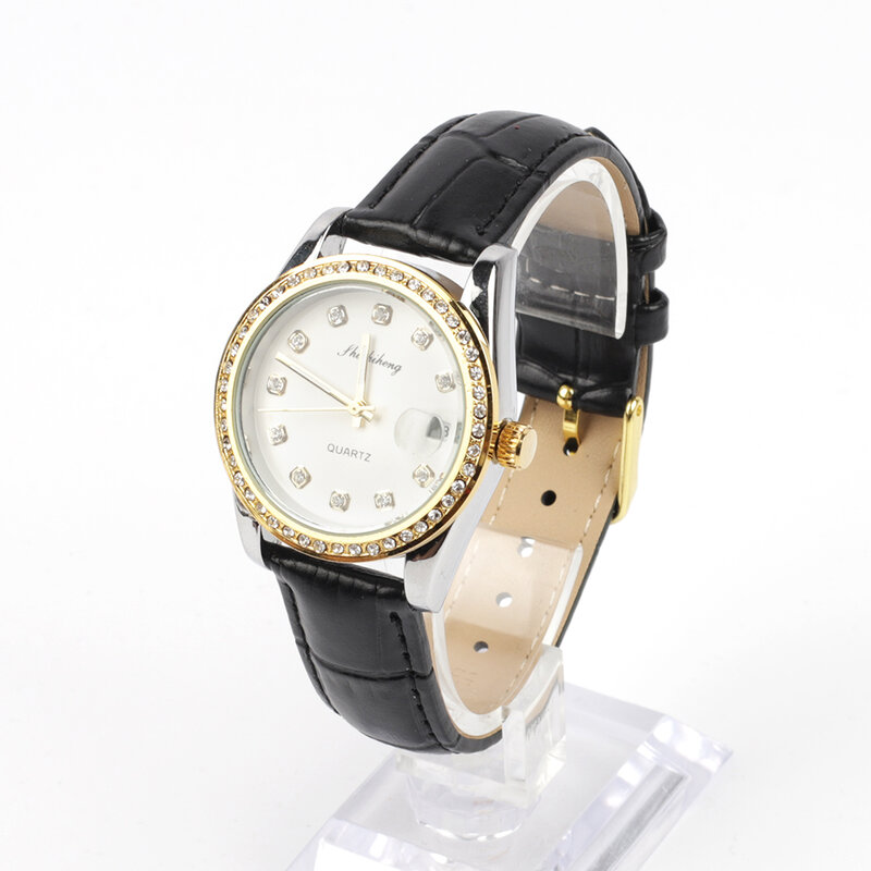 Senhoras relógio de strass pulseira de couro preto relógio de pulso feminino moda senhoras liga calendário relógios de quartzo
