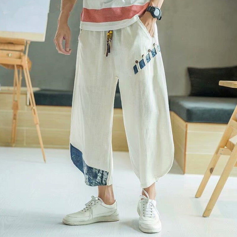 Summer Linen Chinese Style Men's Traditional National Totem Printing Silhouette Loose Bloomers Cropped Wide-leg Pants