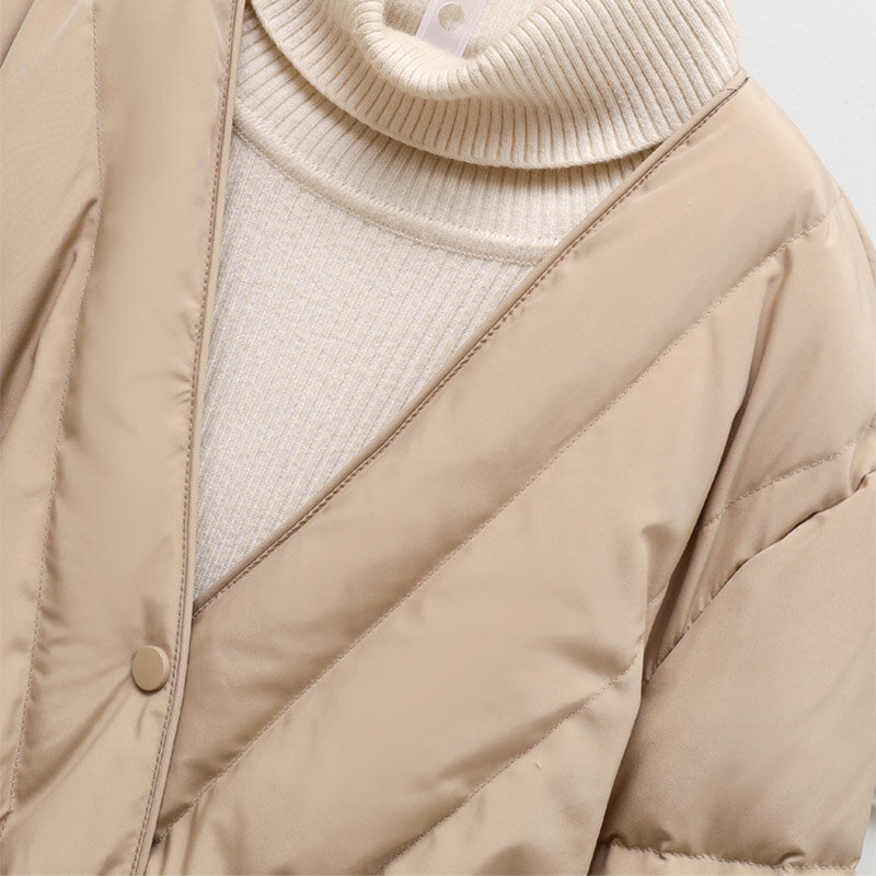 Nowa damska patchworkowa biała kurtka puchowa średniej długości z dekoltem w szpic Kint, modna, jednorzędowa luźna kurtka zimowa