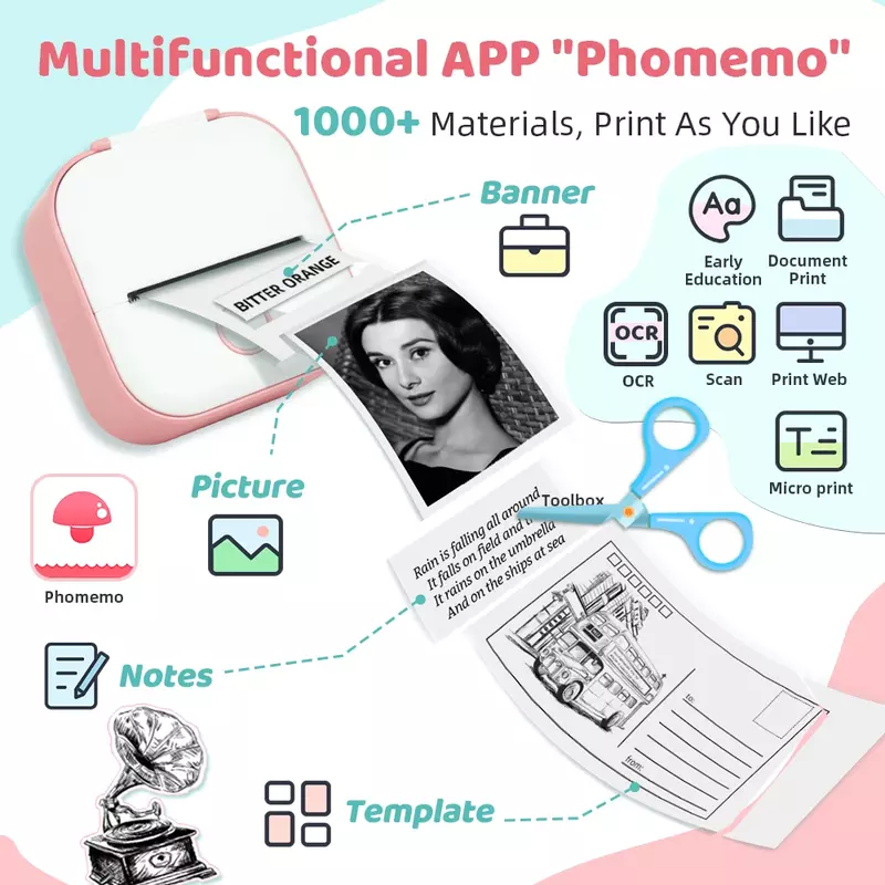 Pomemo-Bluetoothサーマルプリンターt02,印刷装置,ポータブル,印刷および学習用品