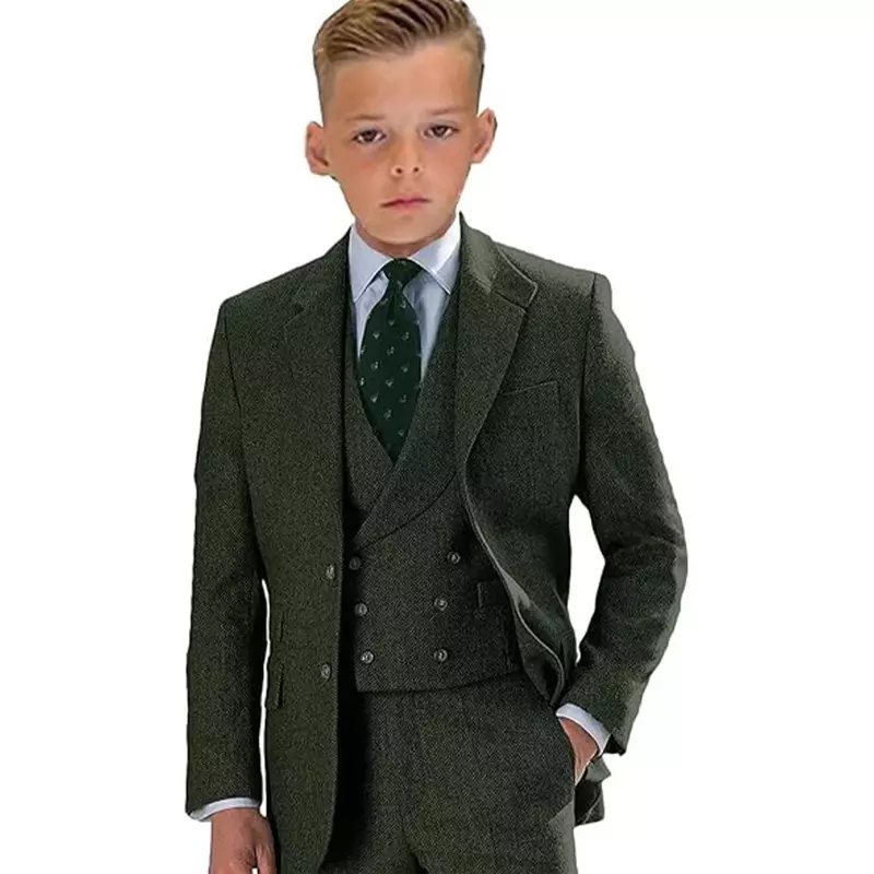 Ueteey Jongens Casual Suits 3-delige Single Breasted Pak Set Visgraat Tweed Blazer Vest Broek Voor Ringdrager Kids Smoking