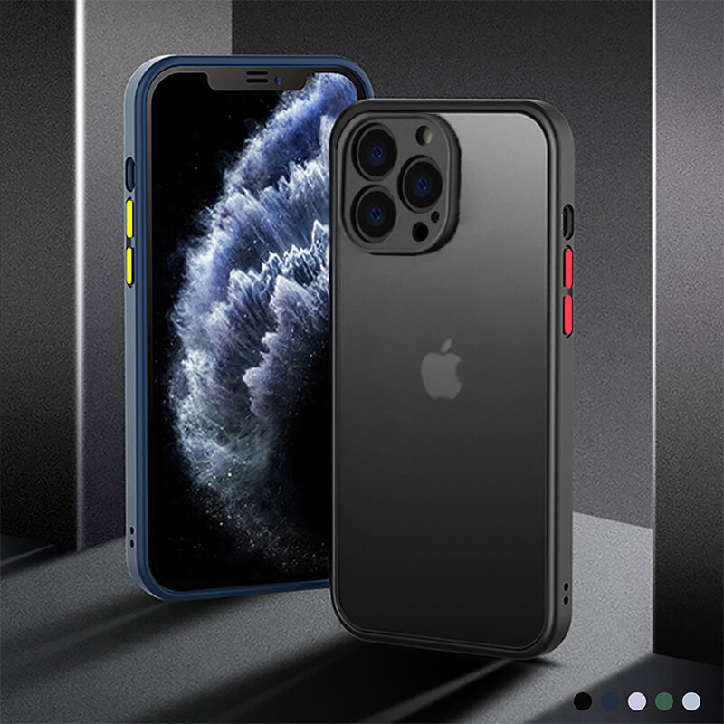 Shockproof Armor Matte Case For iPhone 11 12 13 14 Pro Max Mini XR XS X 7 8 Plus Luxury Silicone Bumper Clear Hard PC Cover Capa