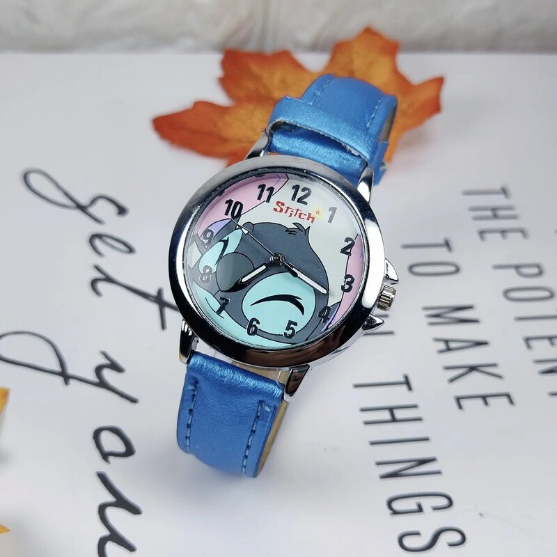 Jam tangan anak kartun Disney Stitch, jam tangan wanita tali kulit, jam tangan anti air untuk anak perempuan